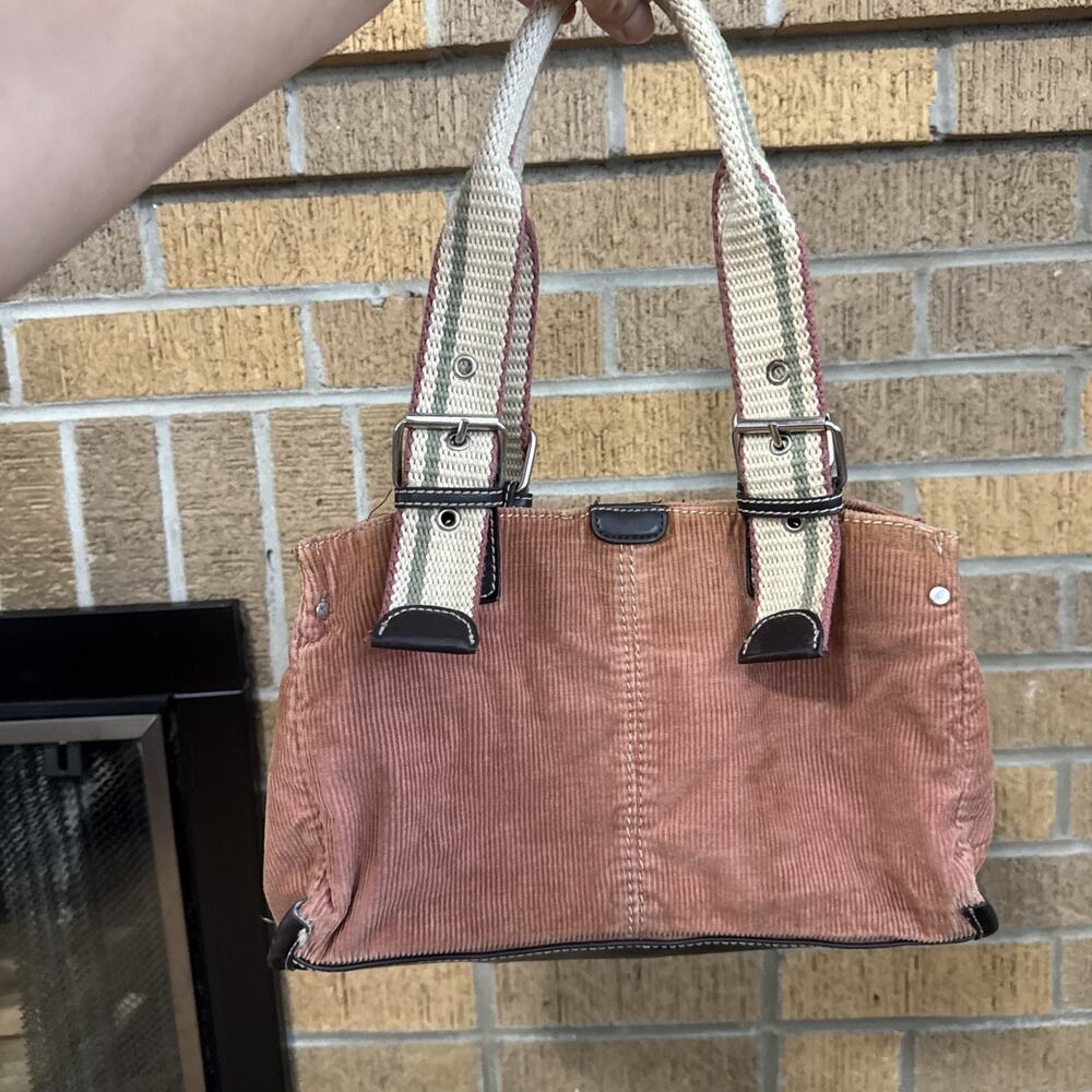 Dusty Rose Corduroy Shoulder Bag Striped Web Strap Casual Preppy Boho Chic Purse